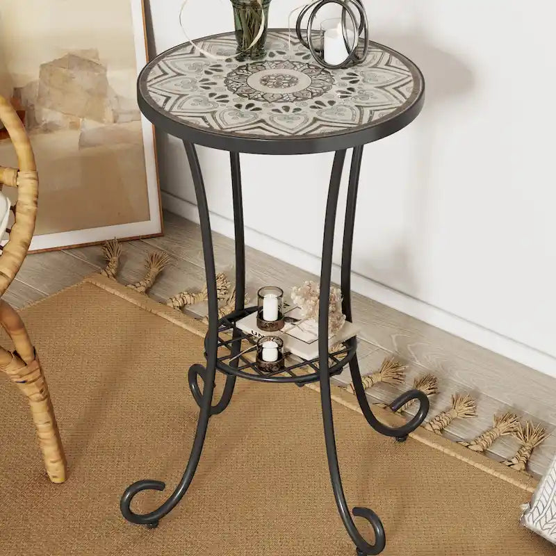Patio Side Table Round Small End Table Plant Stand with Floral Ceramic Top and Storage Shelf for Study Room Backyard