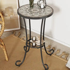 Patio Side Table Round Small End Table Plant Stand with Floral Ceramic Top and Storage Shelf for Study Room Backyard