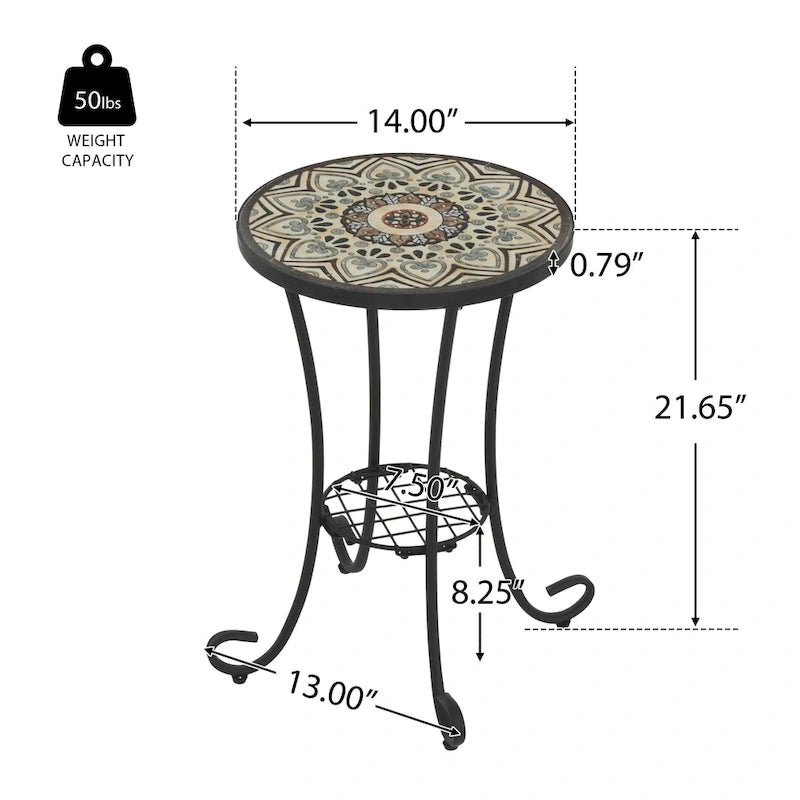 Table d'appoint de patio ronde, petite table de bout, support de plante avec plateau en céramique florale et étagère de rangement pour salle d'étude, jardin