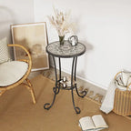 Table d'appoint de patio ronde, petite table de bout, support de plante avec plateau en céramique florale et étagère de rangement pour salle d'étude, jardin