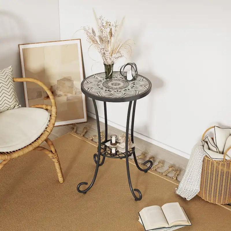 Table d'appoint de patio ronde, petite table de bout, support de plante avec plateau en céramique florale et étagère de rangement pour salle d'étude, jardin