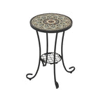 Table d'appoint de patio ronde, petite table de bout, support de plante avec plateau en céramique florale et étagère de rangement pour salle d'étude, jardin