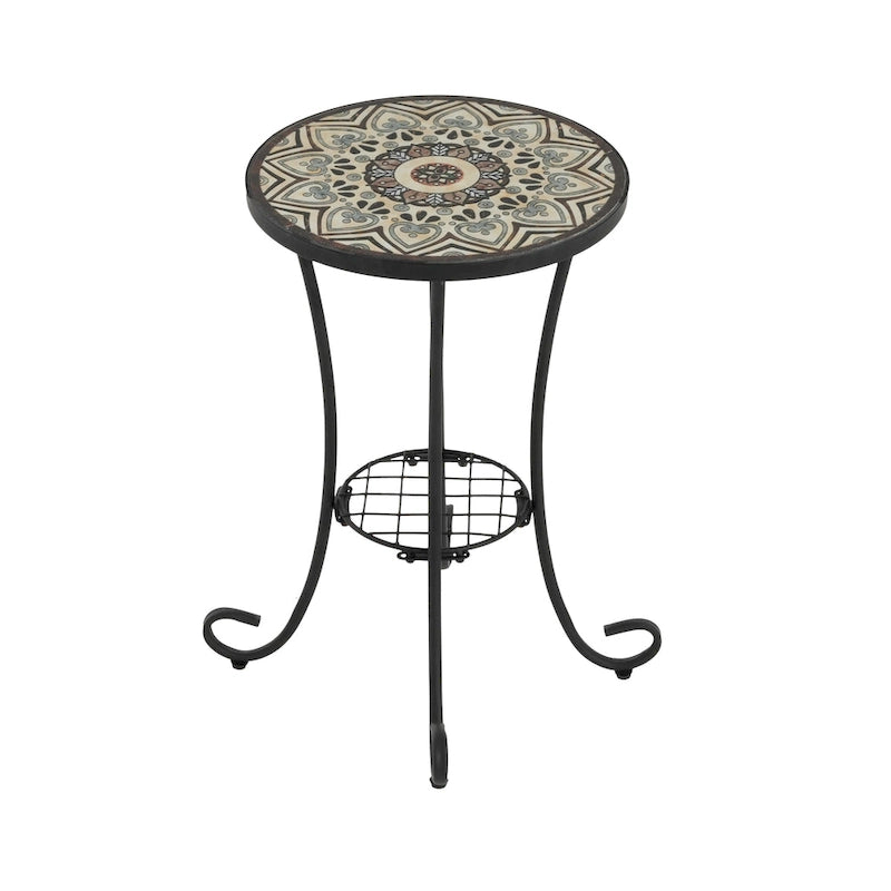 Table d'appoint de patio ronde, petite table de bout, support de plante avec plateau en céramique florale et étagère de rangement pour salle d'étude, jardin