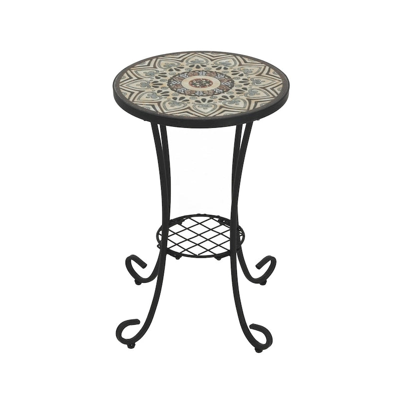 Table d'appoint de patio ronde, petite table de bout, support de plante avec plateau en céramique florale et étagère de rangement pour salle d'étude, jardin