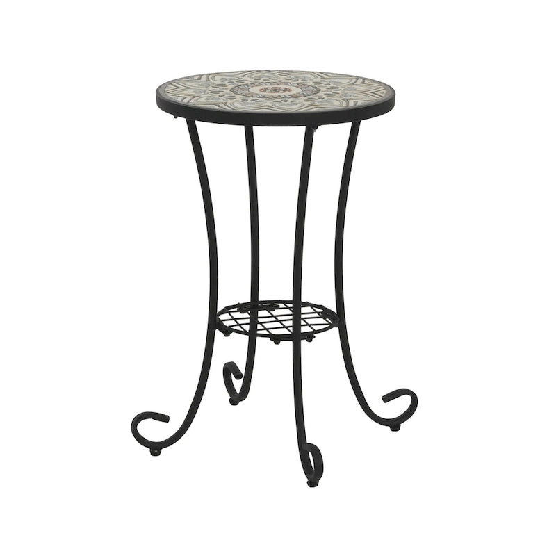 Table d'appoint de patio ronde, petite table de bout, support de plante avec plateau en céramique florale et étagère de rangement pour salle d'étude, jardin