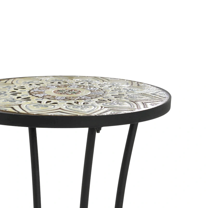 Table d'appoint de patio ronde, petite table de bout, support de plante avec plateau en céramique florale et étagère de rangement pour salle d'étude, jardin