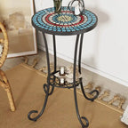 Table d'appoint de patio ronde, petite table de bout, support de plante avec plateau en céramique florale et étagère de rangement pour salle d'étude, jardin