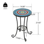 Table d'appoint de patio ronde, petite table de bout, support de plante avec plateau en céramique florale et étagère de rangement pour salle d'étude, jardin