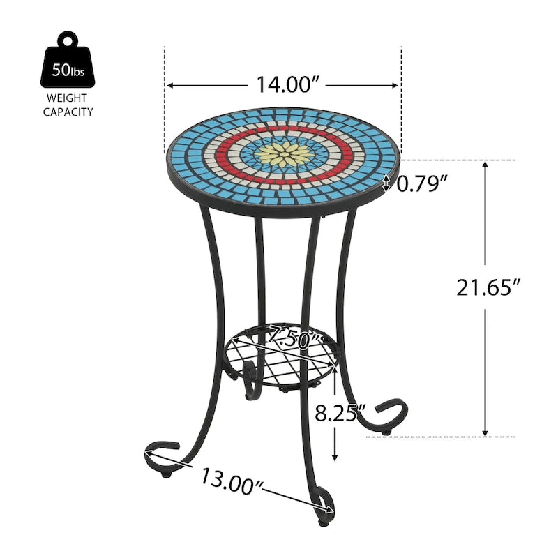 Table d'appoint de patio ronde, petite table de bout, support de plante avec plateau en céramique florale et étagère de rangement pour salle d'étude, jardin