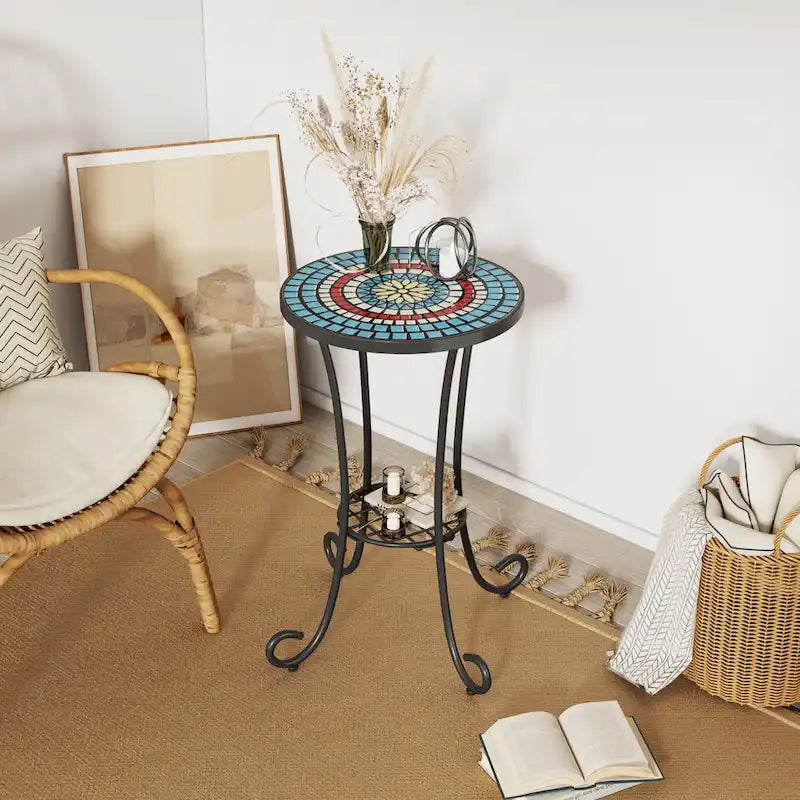 Table d'appoint de patio ronde, petite table de bout, support de plante avec plateau en céramique florale et étagère de rangement pour salle d'étude, jardin
