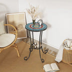 Table d'appoint de patio ronde, petite table de bout, support de plante avec plateau en céramique florale et étagère de rangement pour salle d'étude, jardin