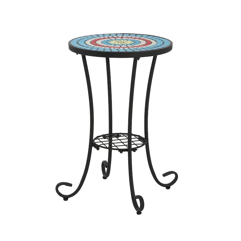 Table d'appoint de patio ronde, petite table de bout, support de plante avec plateau en céramique florale et étagère de rangement pour salle d'étude, jardin