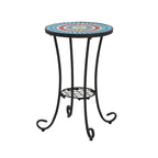 Table d'appoint de patio ronde, petite table de bout, support de plante avec plateau en céramique florale et étagère de rangement pour salle d'étude, jardin