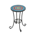 Table d'appoint de patio ronde, petite table de bout, support de plante avec plateau en céramique florale et étagère de rangement pour salle d'étude, jardin