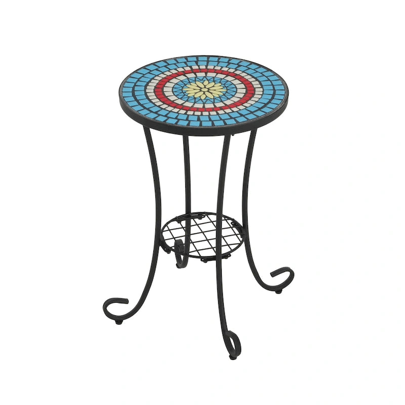 Table d'appoint de patio ronde, petite table de bout, support de plante avec plateau en céramique florale et étagère de rangement pour salle d'étude, jardin