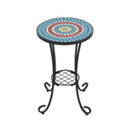 Table d'appoint de patio ronde, petite table de bout, support de plante avec plateau en céramique florale et étagère de rangement pour salle d'étude, jardin