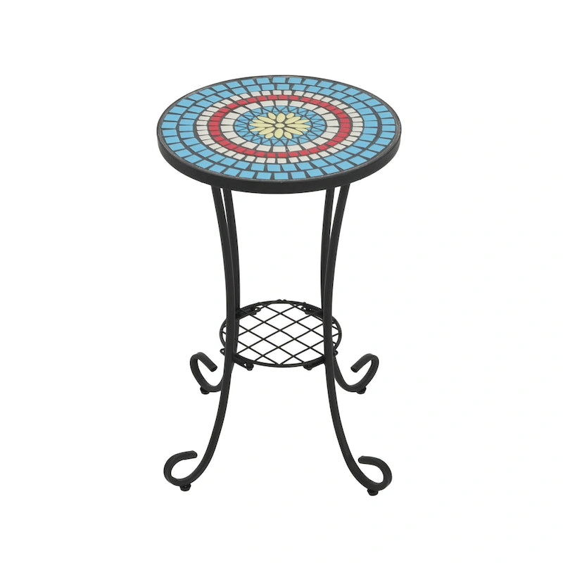 Table d'appoint de patio ronde, petite table de bout, support de plante avec plateau en céramique florale et étagère de rangement pour salle d'étude, jardin