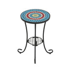 Table d'appoint de patio ronde, petite table de bout, support de plante avec plateau en céramique florale et étagère de rangement pour salle d'étude, jardin
