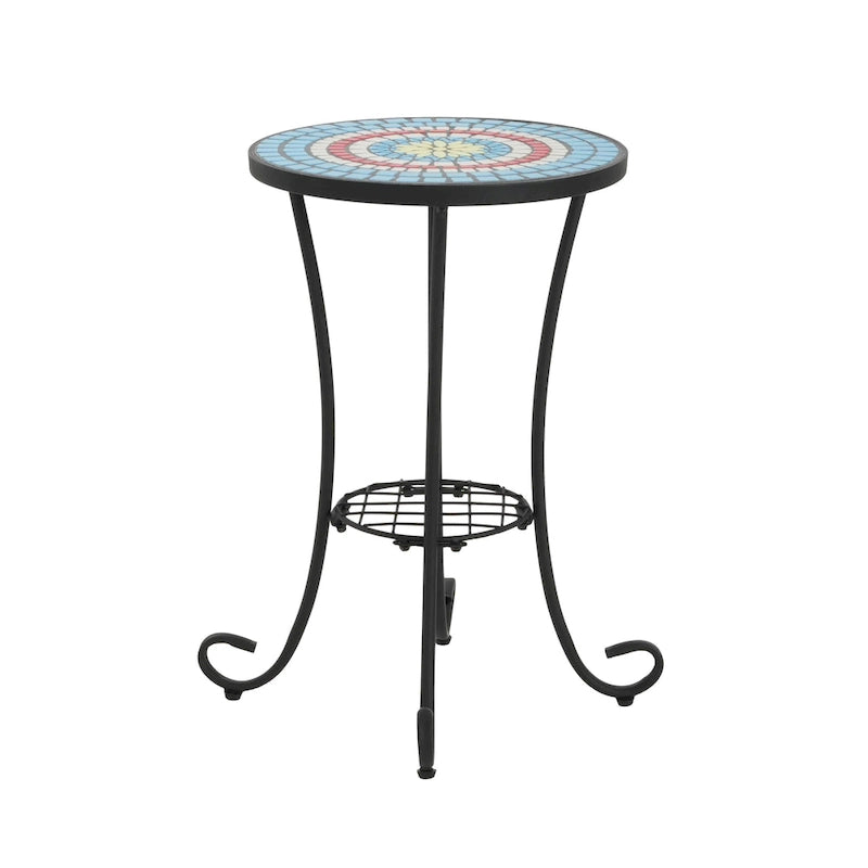 Table d'appoint de patio ronde, petite table de bout, support de plante avec plateau en céramique florale et étagère de rangement pour salle d'étude, jardin