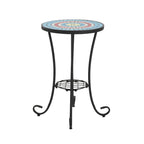 Table d'appoint de patio ronde, petite table de bout, support de plante avec plateau en céramique florale et étagère de rangement pour salle d'étude, jardin