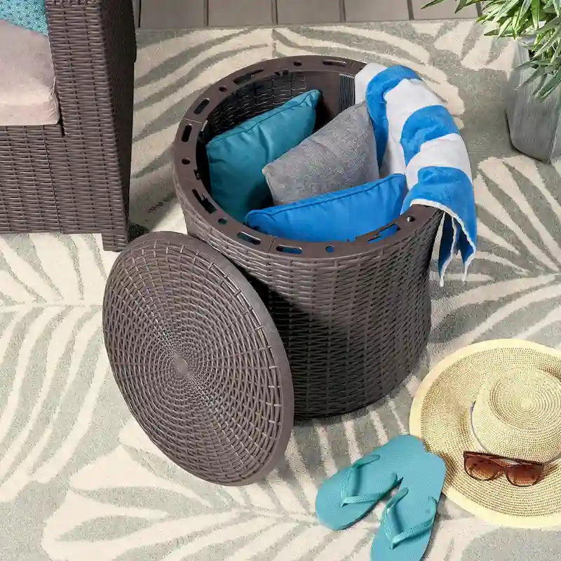Outside Wicker Side Table Swivel Flip End Table with Storage Space for Garden Backyard, Portable Patio Table