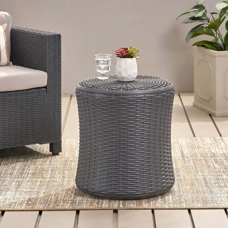 Table d'appoint d'extérieur Wicker Side Table, table d'appoint pivotante avec espace de rangement pour jardin et arrière-cour, table de patio portable