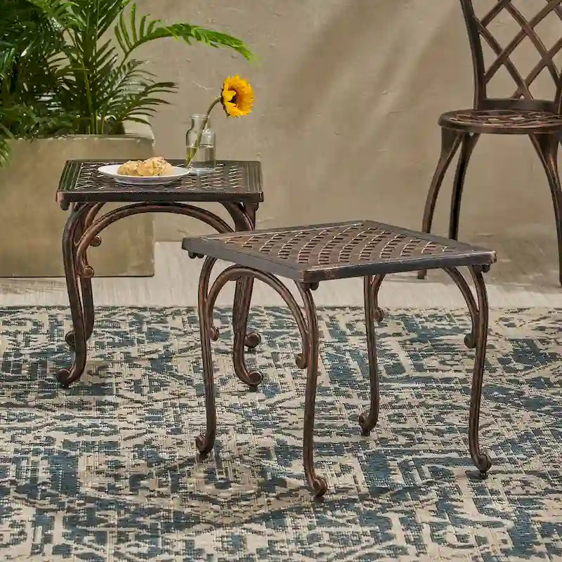 Outdoor Side Tables Set of 2, Patio Square End Tables Accent Table Sofa Side Tables with Woven Latticework Tabletop