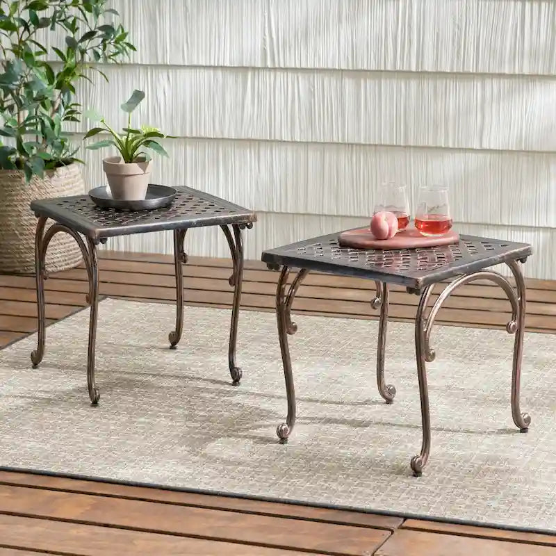 Tables d'appoint d'extérieur, lot de 2, tables d'appoint carrées pour terrasse, tables de chevet avec plateau en treillis tressé