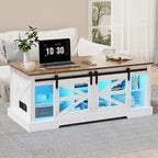 Table basse à LED avec plateau relevable et porte coulissante style grange