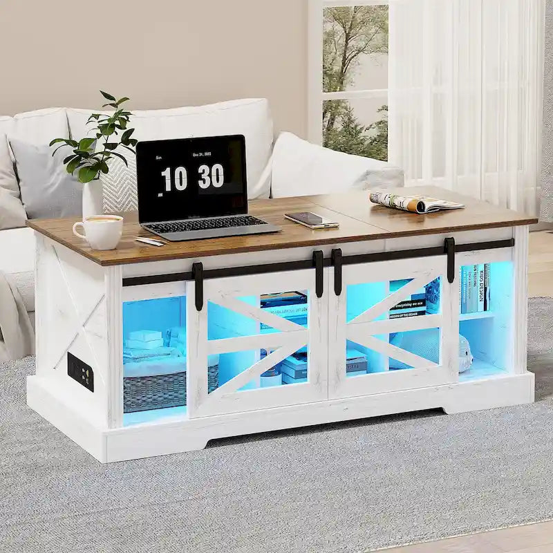 Table basse à LED avec plateau relevable et porte coulissante style grange