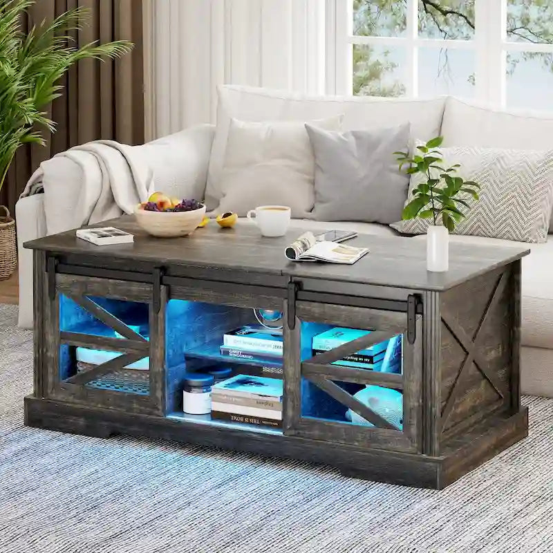 Lift Top Led Coffee Table With Sliding Barn Door