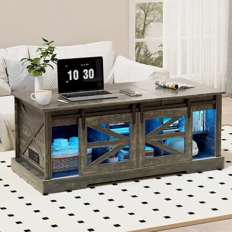 Table basse à LED avec plateau relevable et porte coulissante style grange