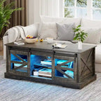 Table basse à LED avec plateau relevable et porte coulissante style grange