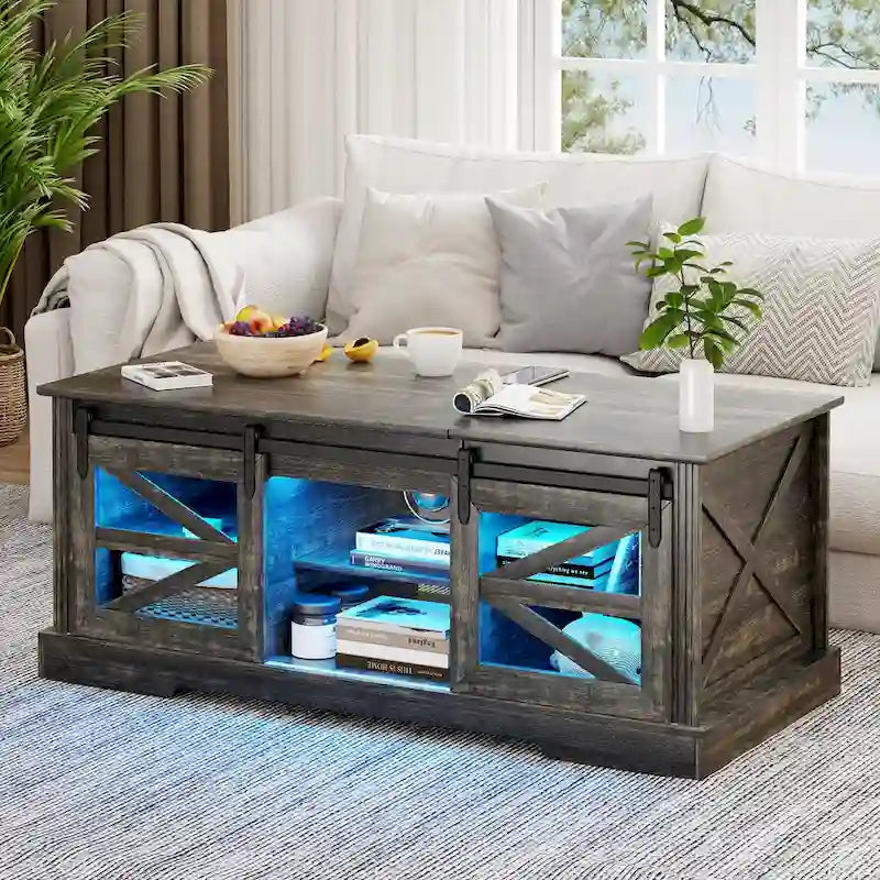 Table basse à LED avec plateau relevable et porte coulissante style grange