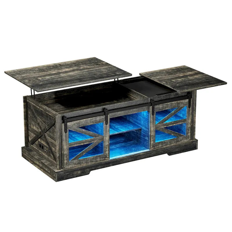 Table basse à LED avec plateau relevable et porte coulissante style grange
