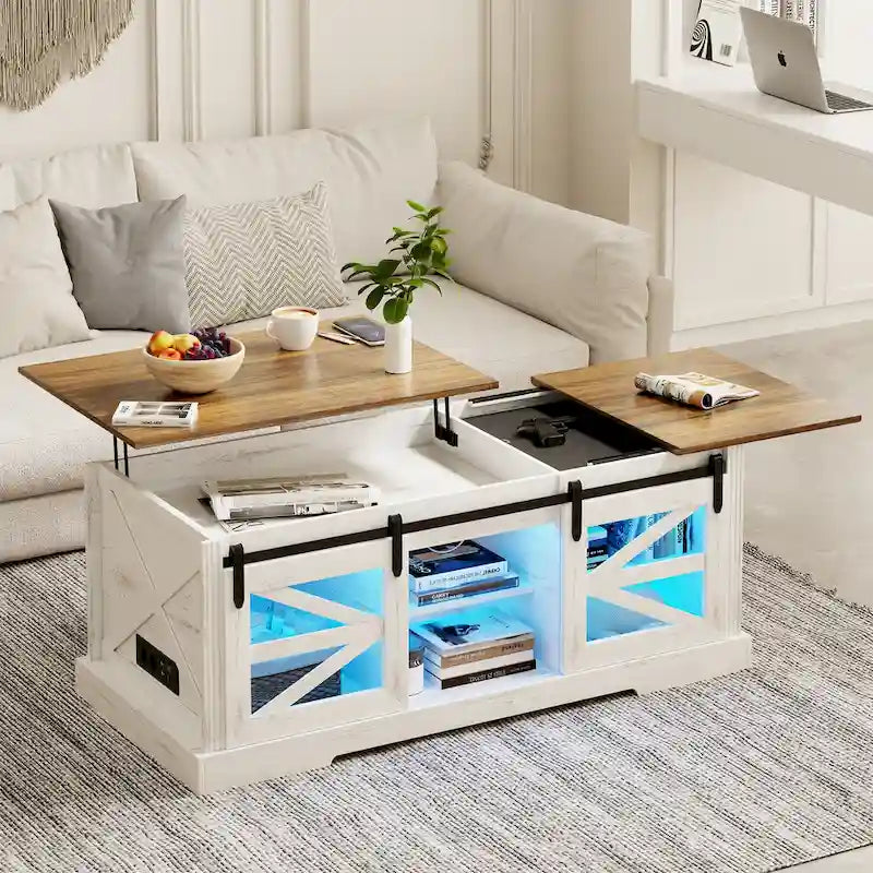 Table basse à LED avec plateau relevable et porte coulissante style grange