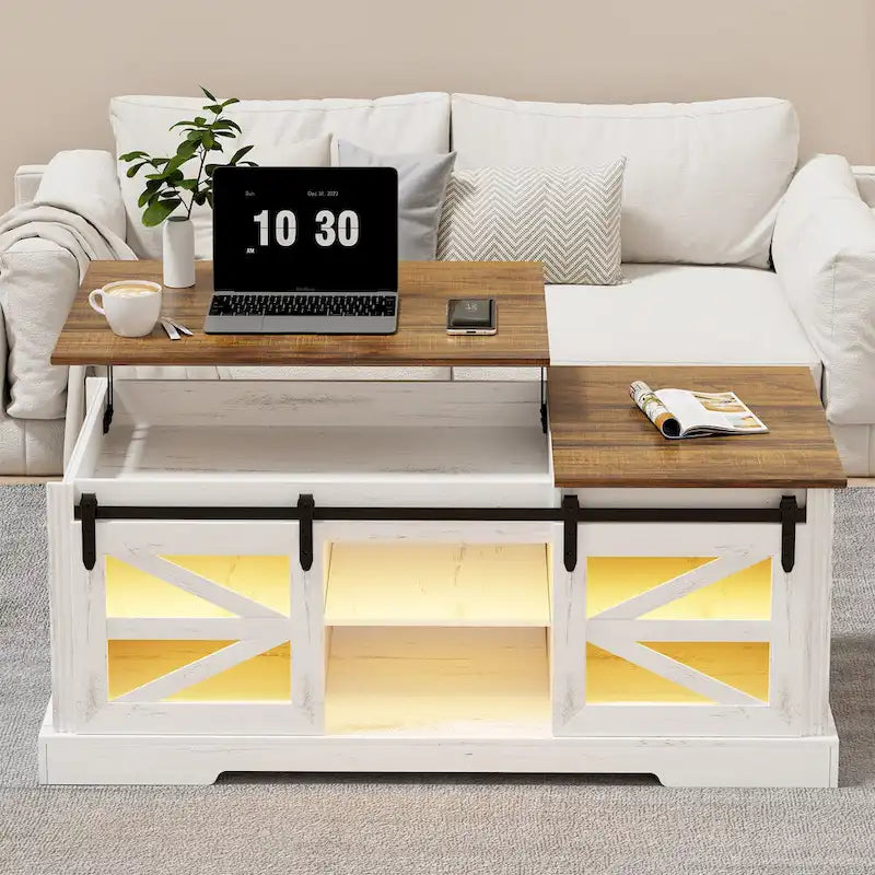 Table basse à LED avec plateau relevable et porte coulissante style grange