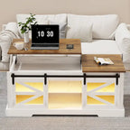 Table basse à LED avec plateau relevable et porte coulissante style grange