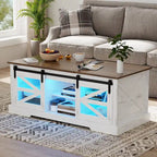 Table basse à LED avec plateau relevable et porte coulissante style grange