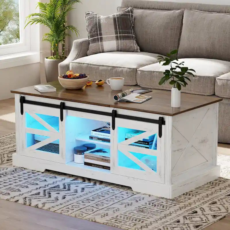 Table basse à LED avec plateau relevable et porte coulissante style grange