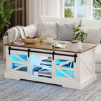 Table basse à LED avec plateau relevable et porte coulissante style grange
