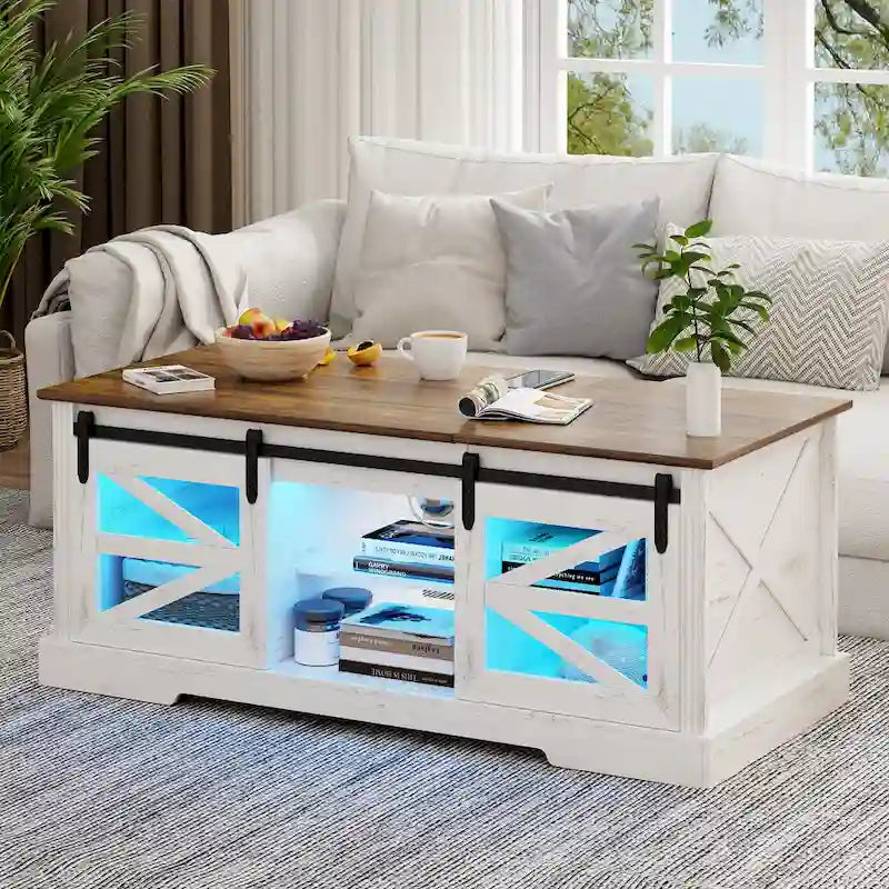 Table basse à LED avec plateau relevable et porte coulissante style grange