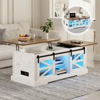 Table basse à LED avec plateau relevable et porte coulissante style grange