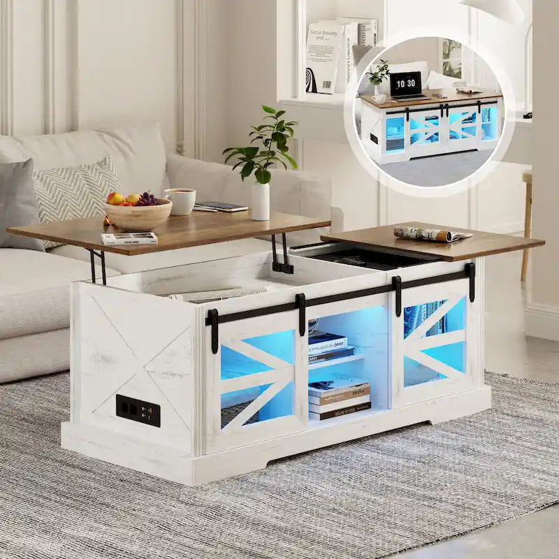 Table basse à LED avec plateau relevable et porte coulissante style grange