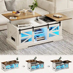 Table basse à LED avec plateau relevable et porte coulissante style grange
