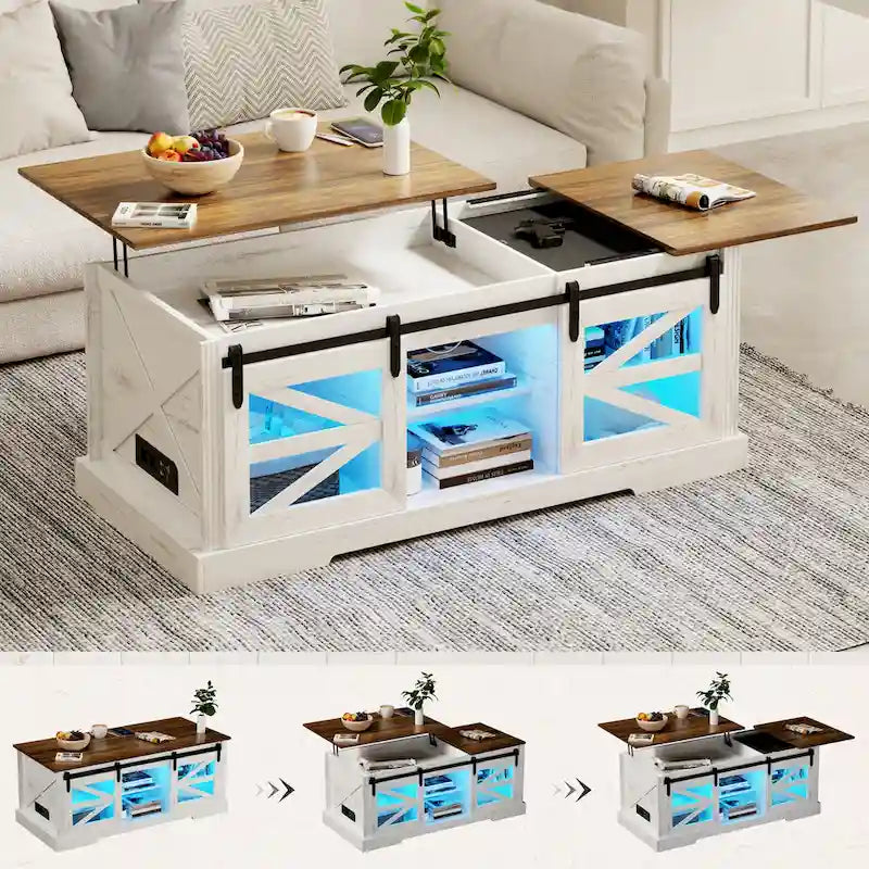 Table basse à LED avec plateau relevable et porte coulissante style grange
