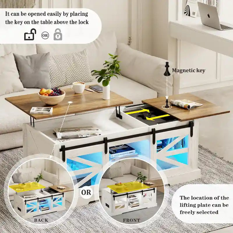 Table basse à LED avec plateau relevable et porte coulissante style grange