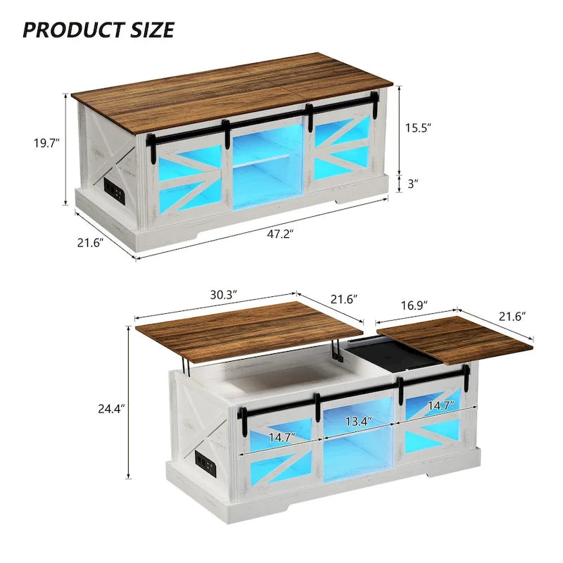 Table basse à LED avec plateau relevable et porte coulissante style grange