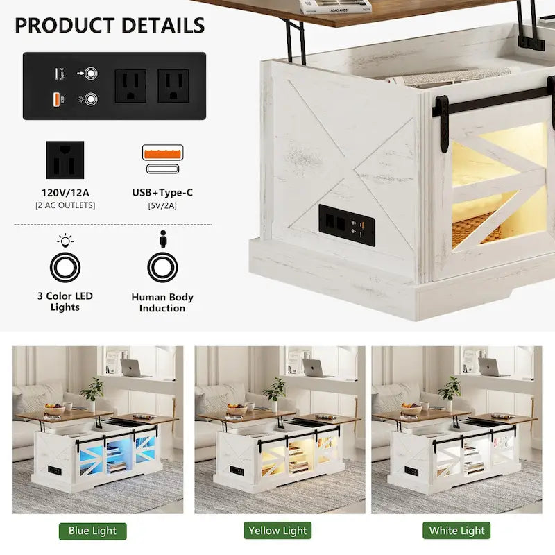Table basse à LED avec plateau relevable et porte coulissante style grange