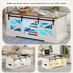 Table basse à LED avec plateau relevable et porte coulissante style grange
